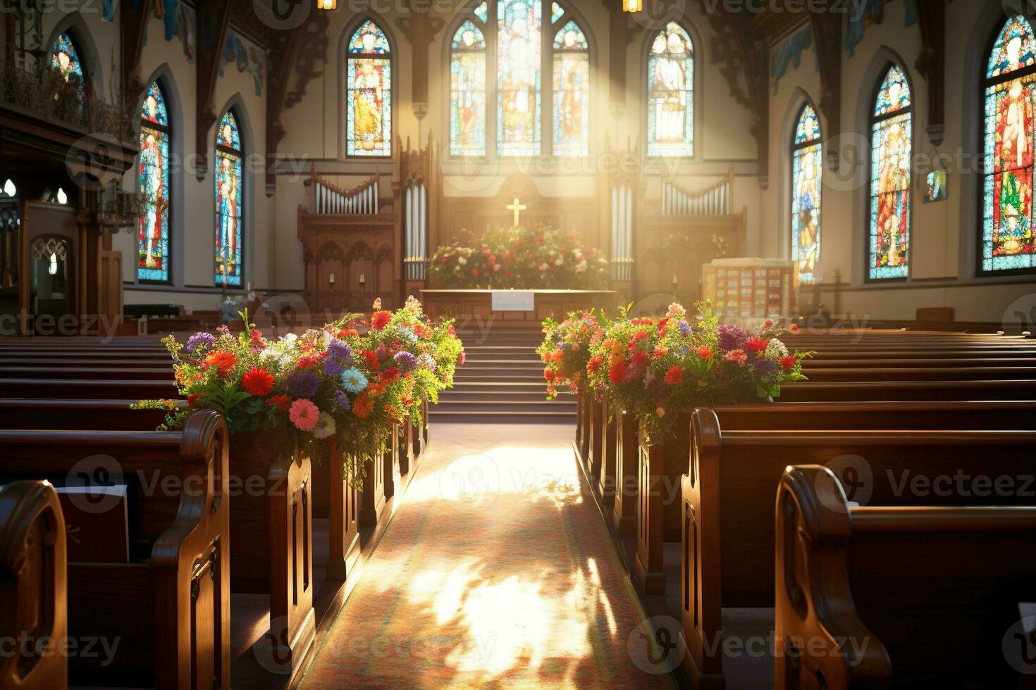 interiör av en kyrka med en massa av blommor i de förgrund.begravning begrepp ai genererad foto