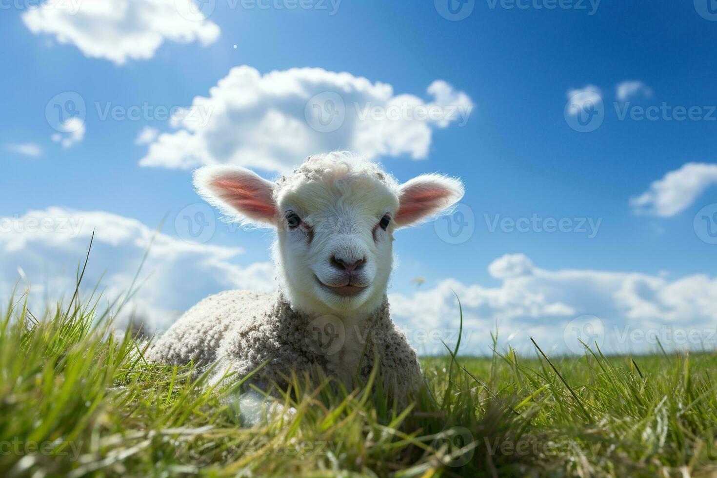 söt lamm på grön gräs under blå himmel med vit moln. ai genererad foto