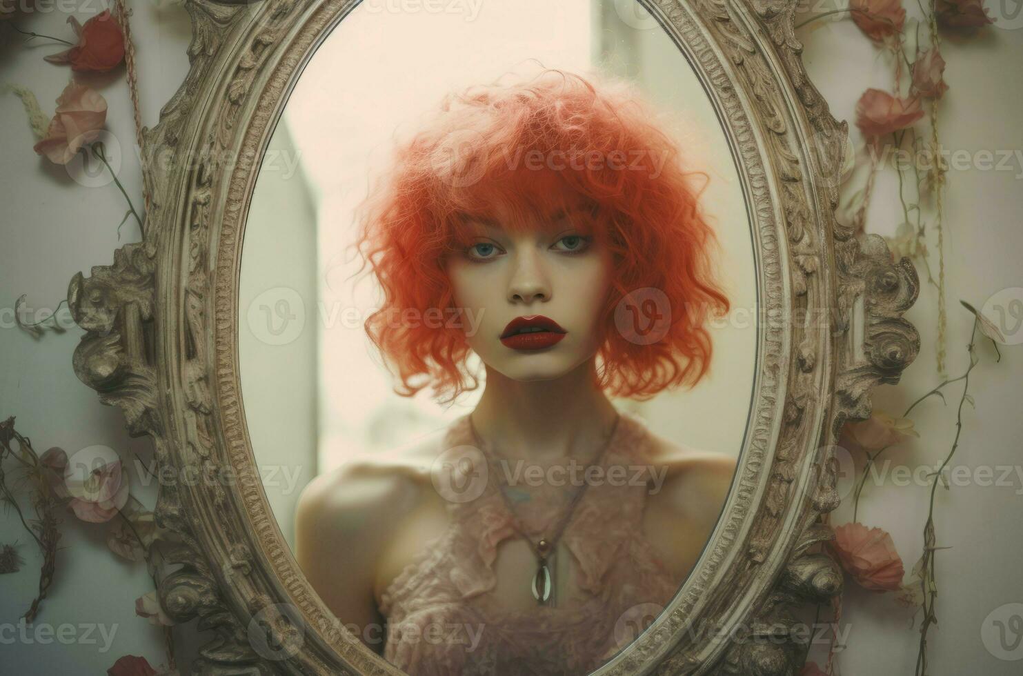 själv kärlek kvinna spegel röd hår. generera ai foto