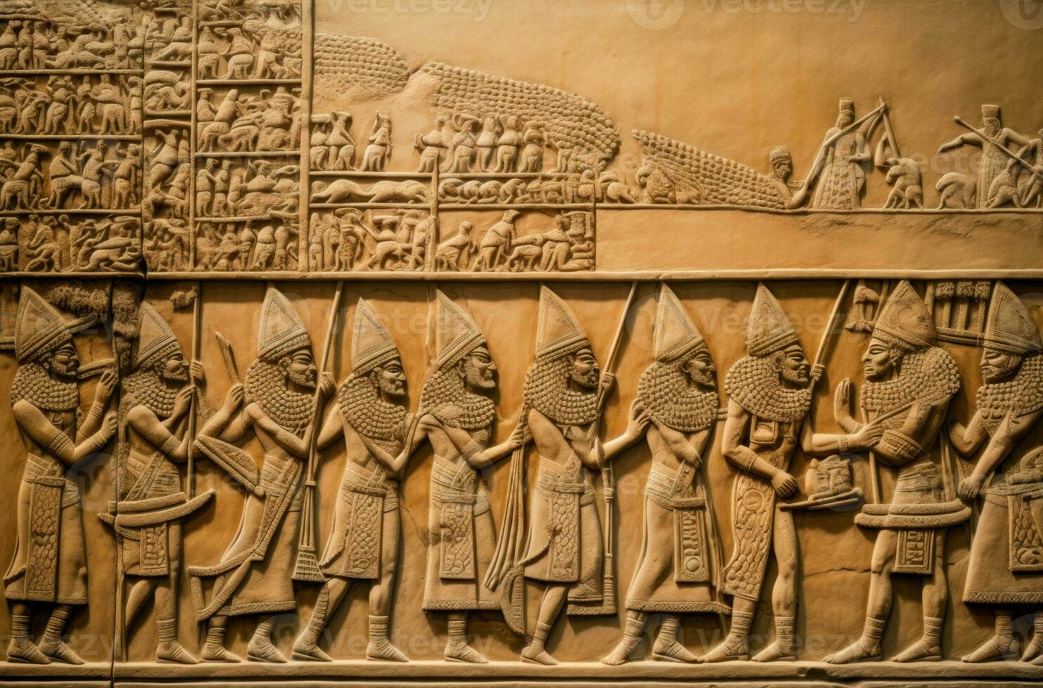 gammal assyrisk lättnad skulptur av gammal krigare. generera ai foto