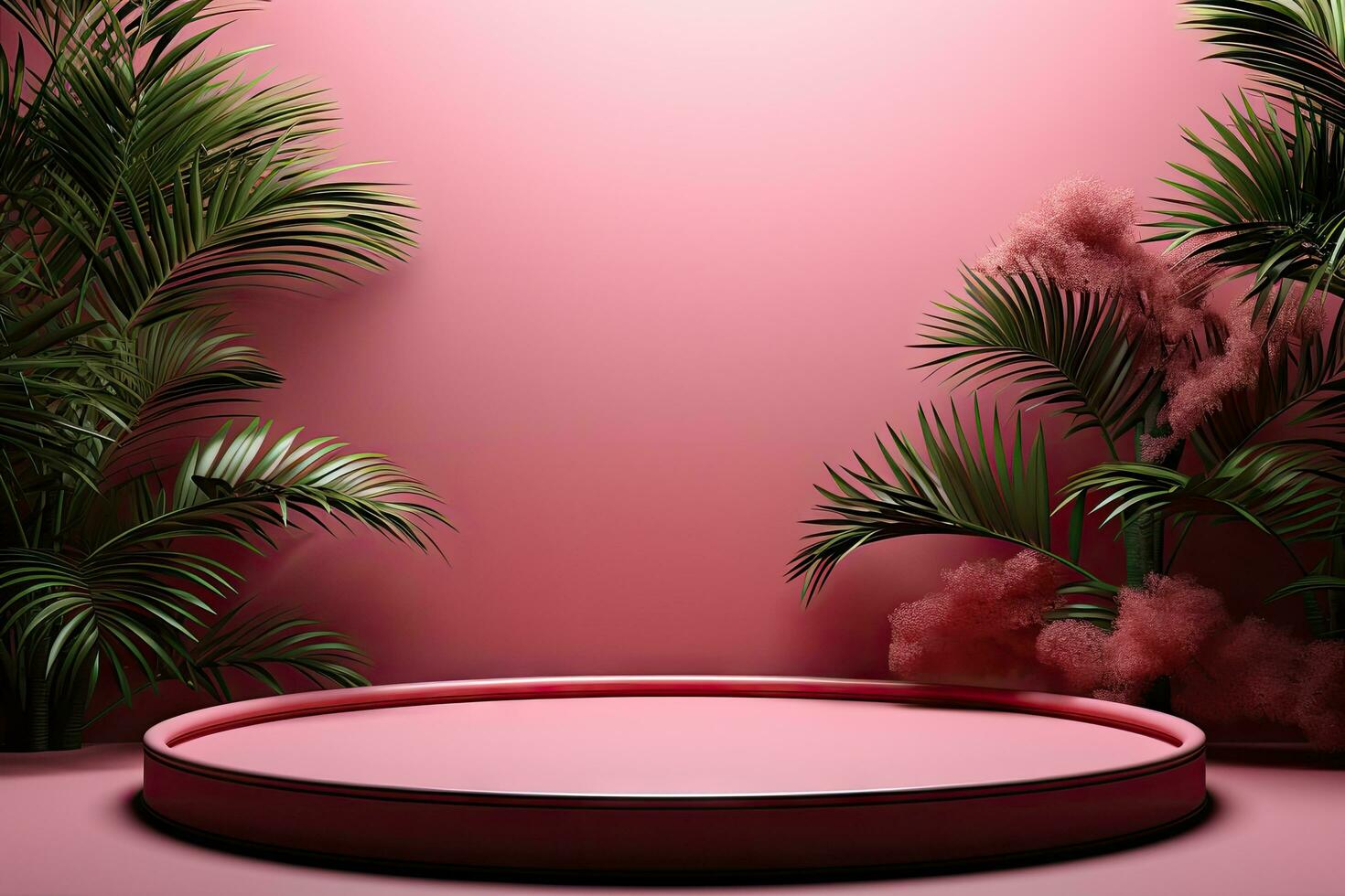 3d framställa av rosa bakgrund med tropisk löv och pallplatser, 8 K förbi generativ ai foto