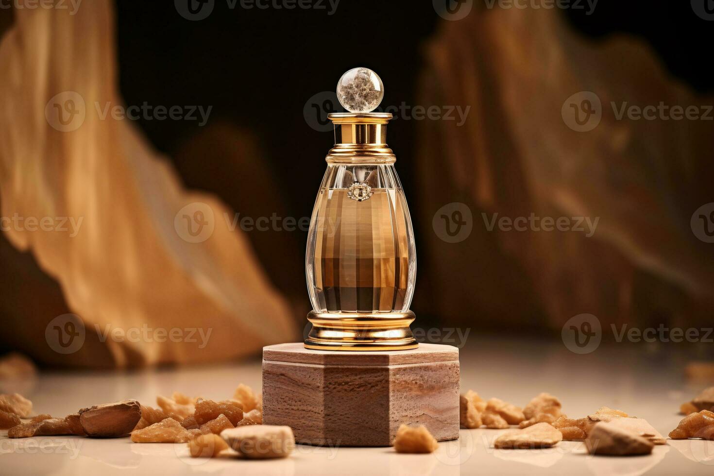 lyx beige parfym doft i glas injektionsflaska med guld keps på travertin podium. ai generativ foto