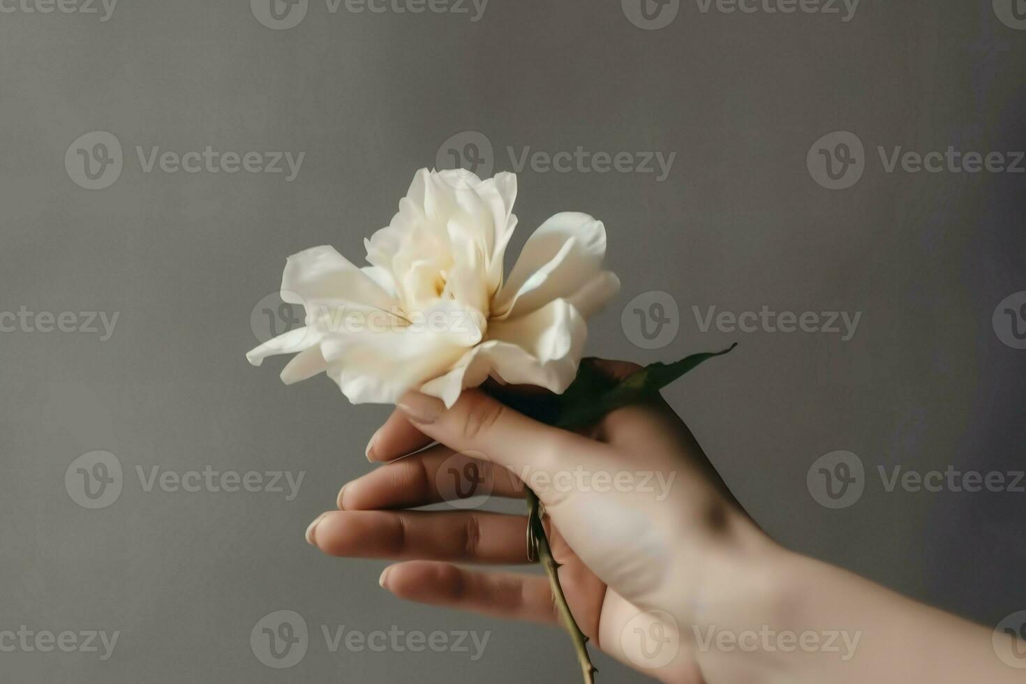 kvinna hand innehav en vit blomma. generera ai foto