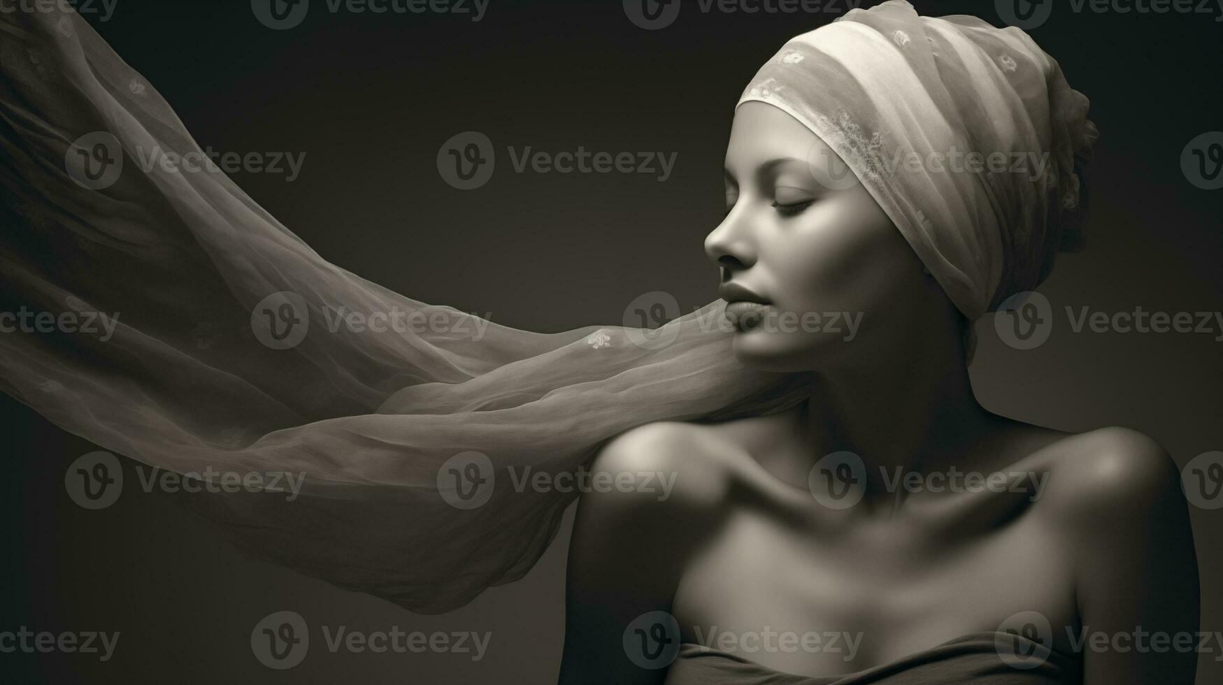 fattande styrka i grå toner på värld cancer dag. en kvinna, huvud Utsmyckad med en scarf, står uthållig mot en dämpad bakgrund. ai genererad foto
