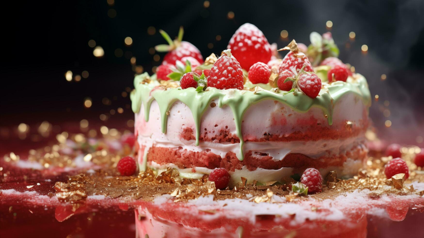 födelsedag kaka med hallon och mynta på en röd bakgrund - ai genererad foto