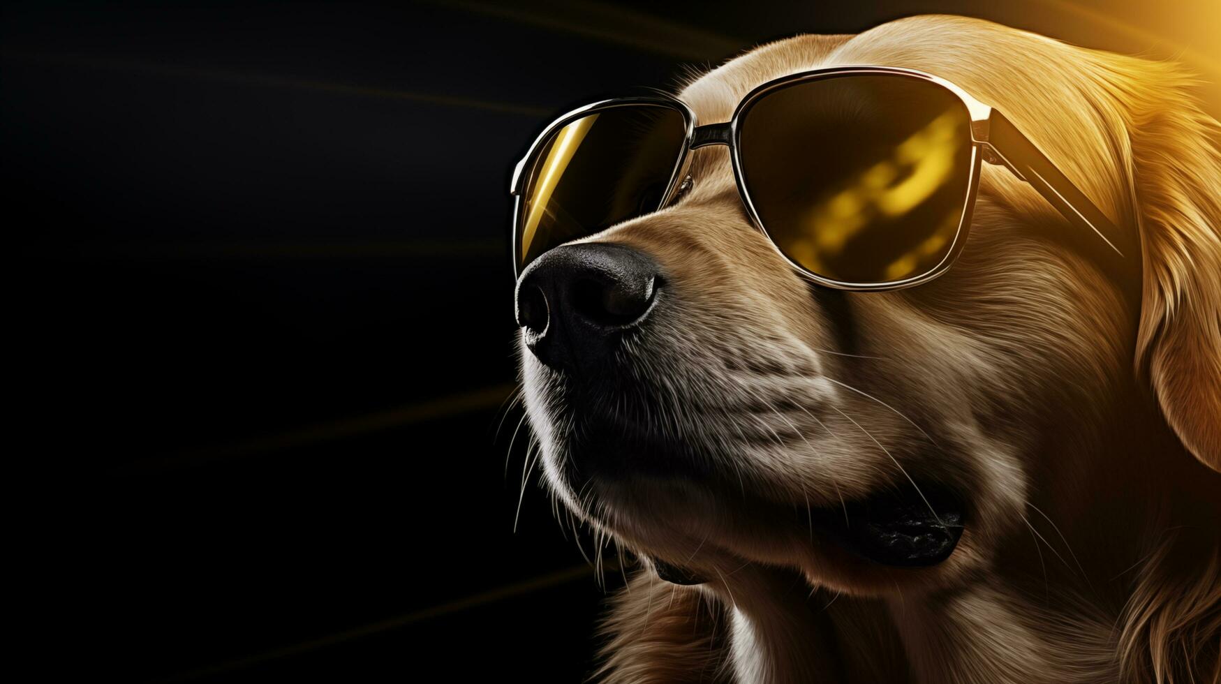gyllene retriever hund bär solglasögon och ser upp på svart bakgrund. ai genererad foto