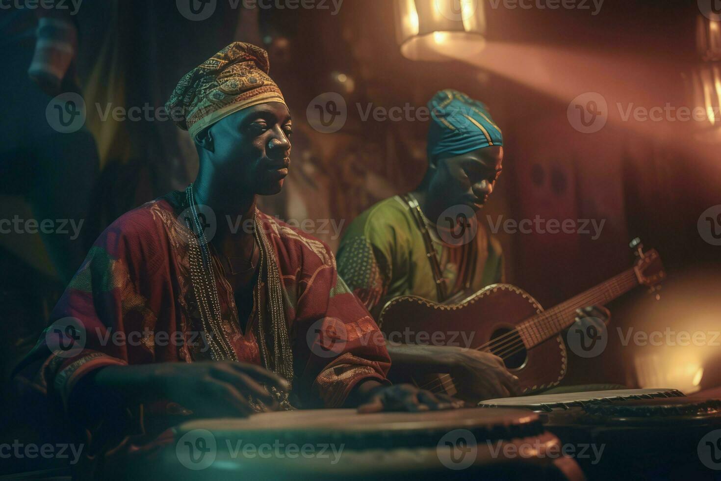 afrikansk musikalisk artister spela inomhus. generera ai foto