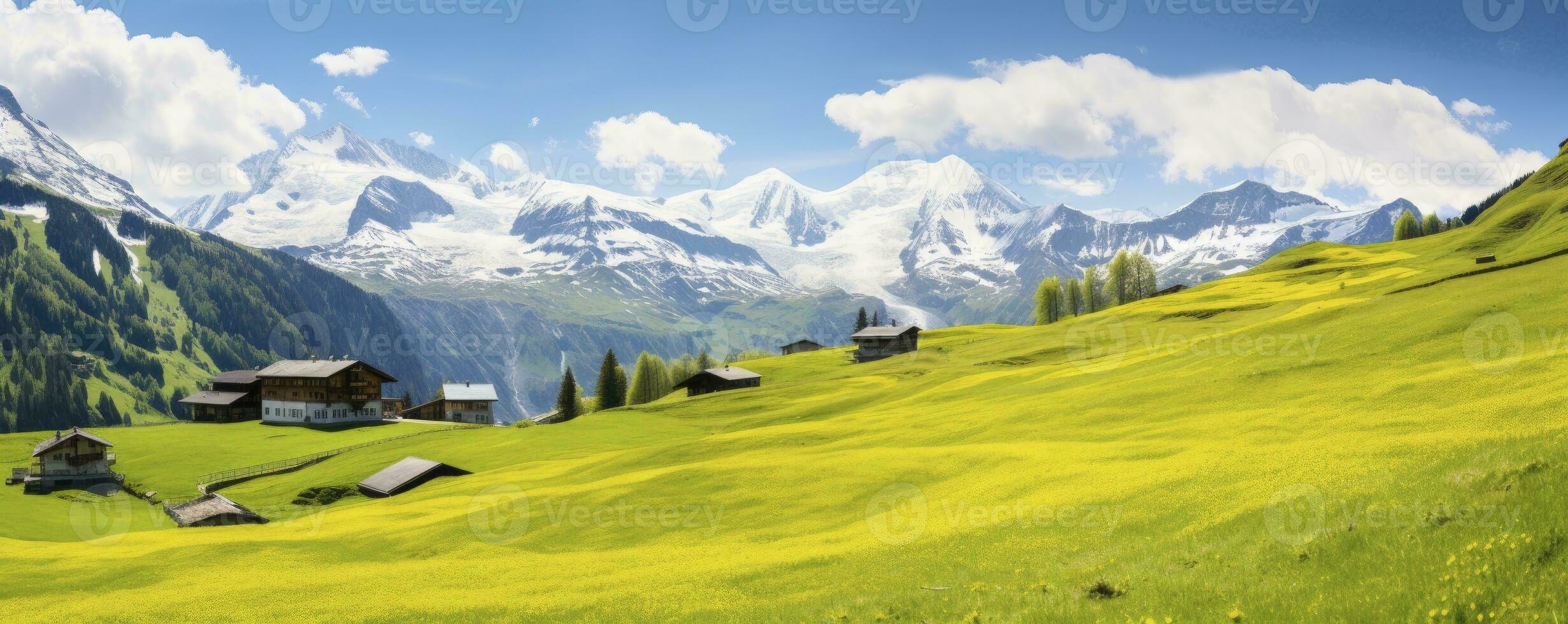 idyllisk berg landskap i de alps med blomning ängar i våren, morgon- ljus, kopia Plats, generativ ai foto