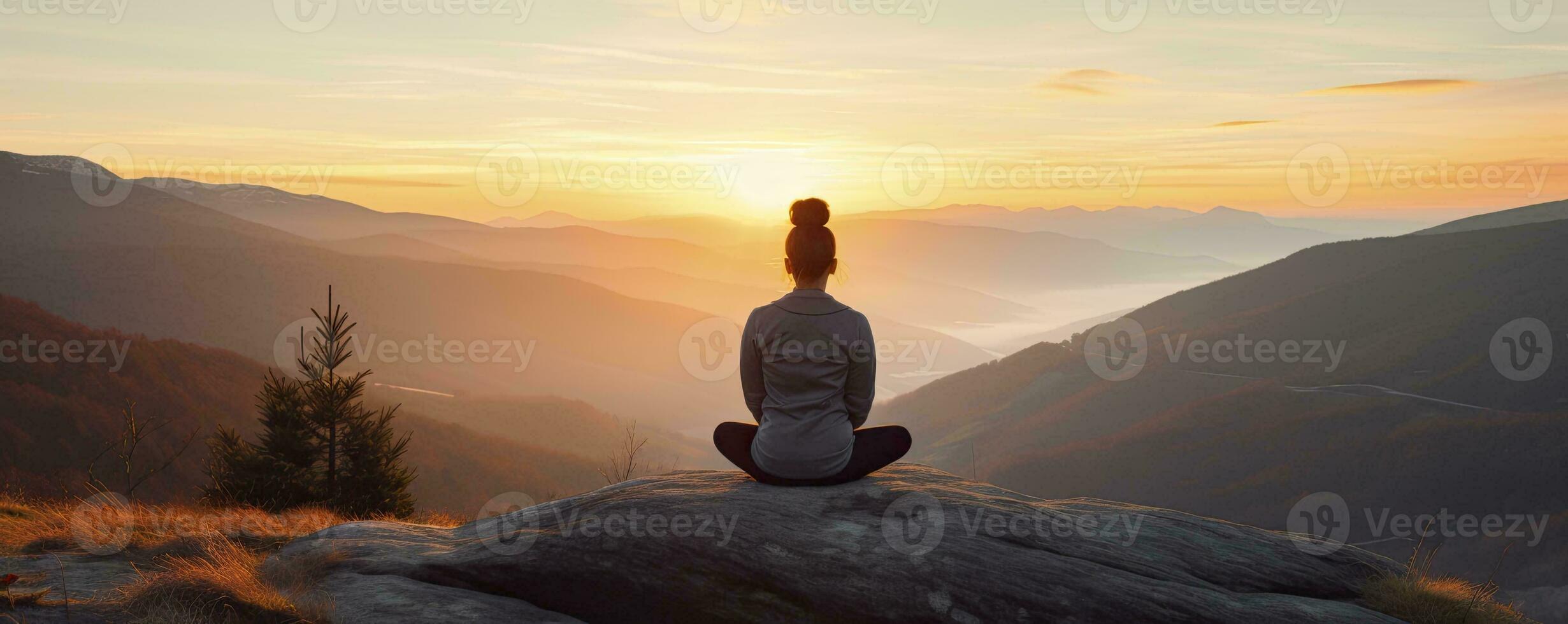 meditation på berg landskap på solnedgång, generativ ai foto