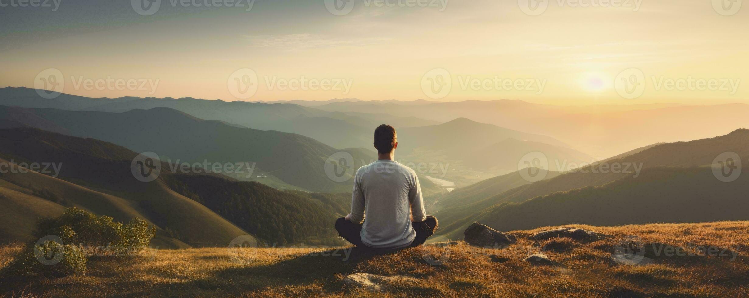 meditation på berg landskap på solnedgång, generativ ai foto