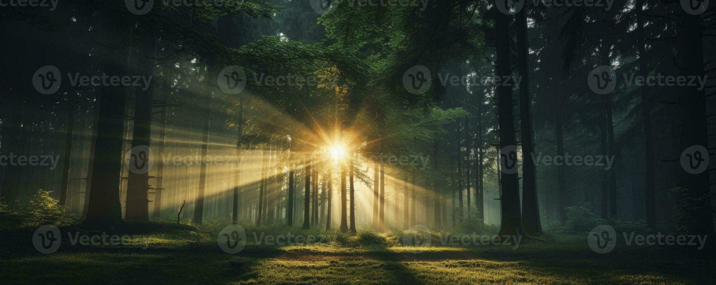 grön skog träd med Sol stråle bakgrund, generativ ai foto