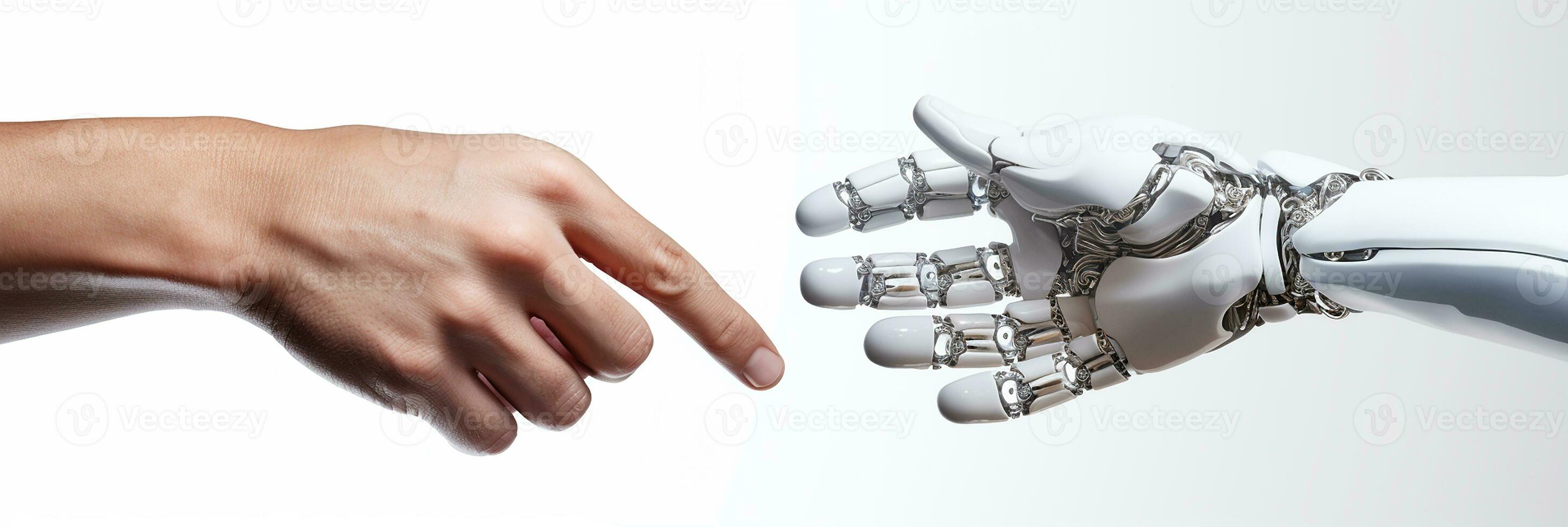 ai genererad teknologisk framsteg, artificiell intelligens. mänsklig hand och robot hand. foto