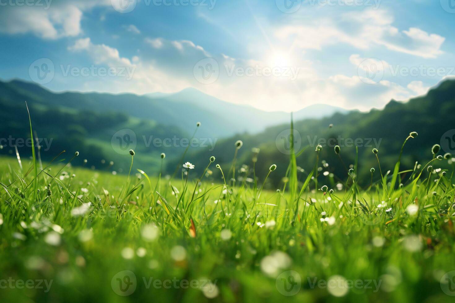 grön kullar i blå himmel. landskap fotografi med pollen partiklar. ai generativ foto