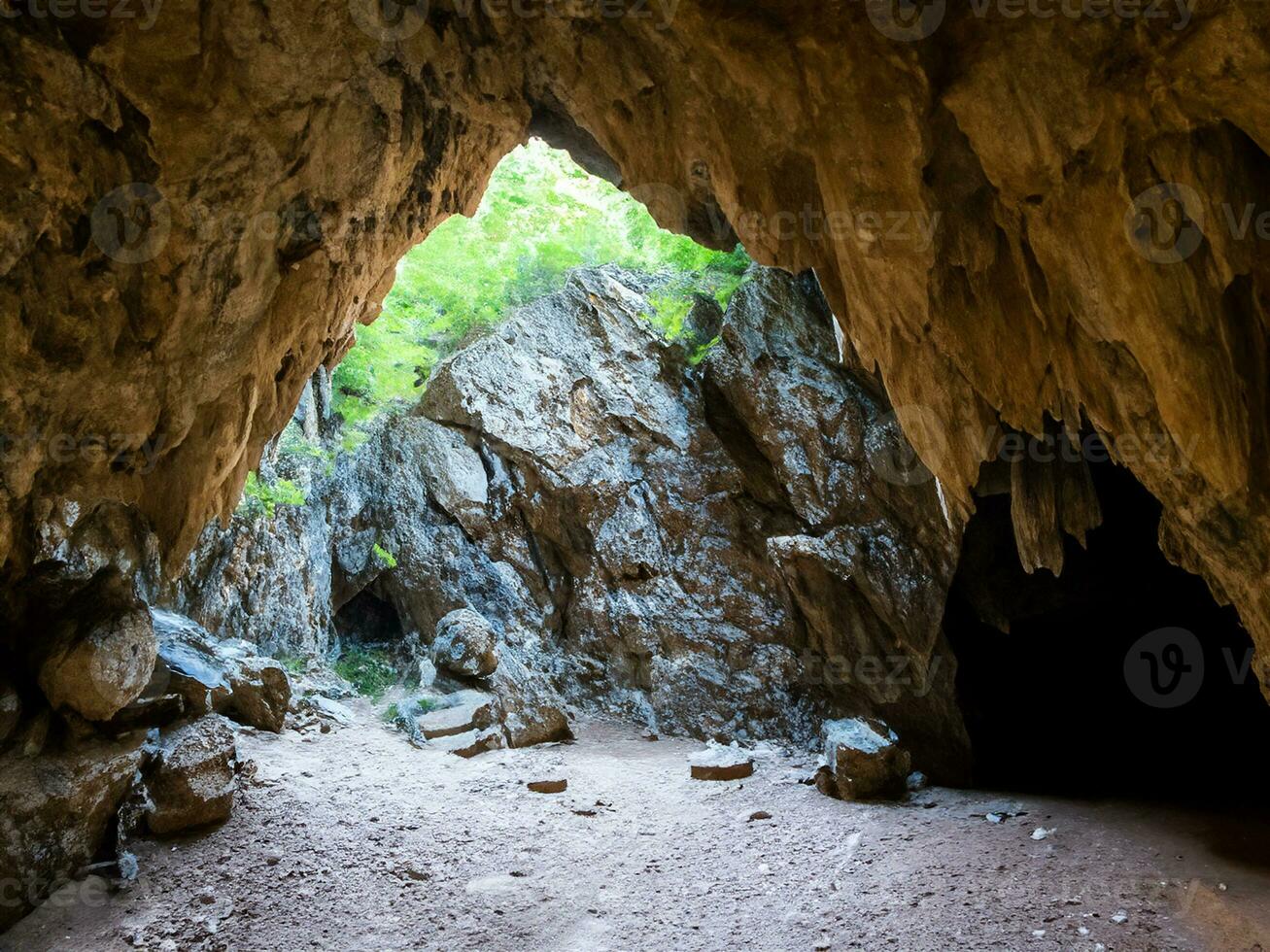 skön berg grotta med skog foto