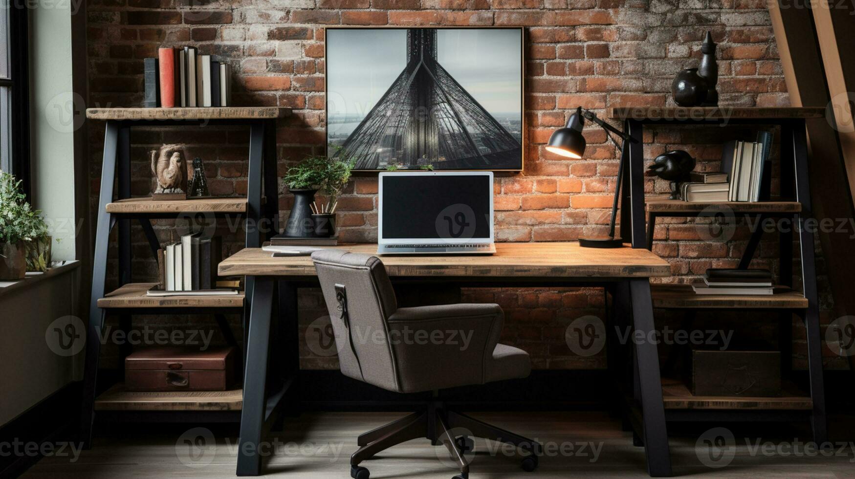 ai genererad industriell stil Hem kontor med en återvunnen trä skrivbord design och en bokhylla foto
