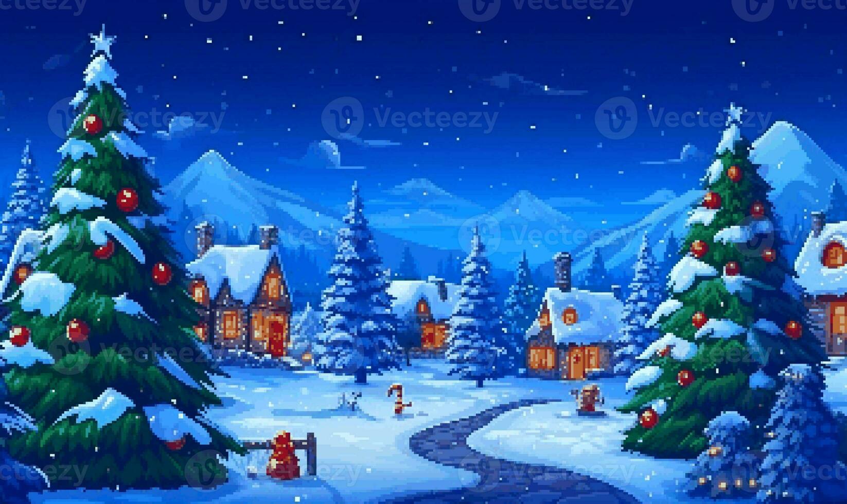 jul festival backgroud med dekoration jul träd, pepparkaka hus, ren, santa claus och prydnad pixel konst retro rPG spel 8 bitar 16 bitar 32 bitar stil - ai genererad foto