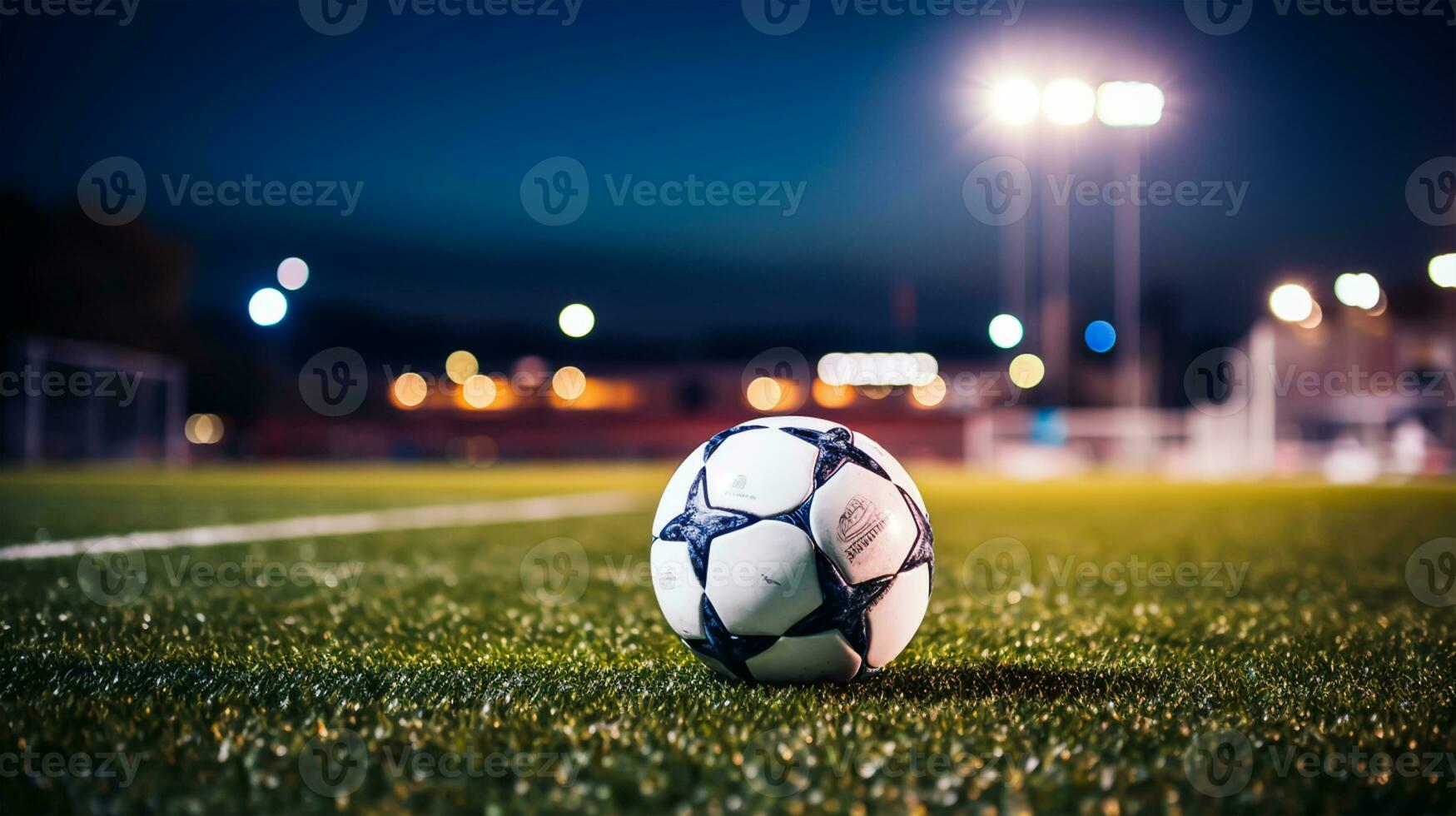 fotboll boll på grön gräs av fotboll stadion på natt med lampor foto