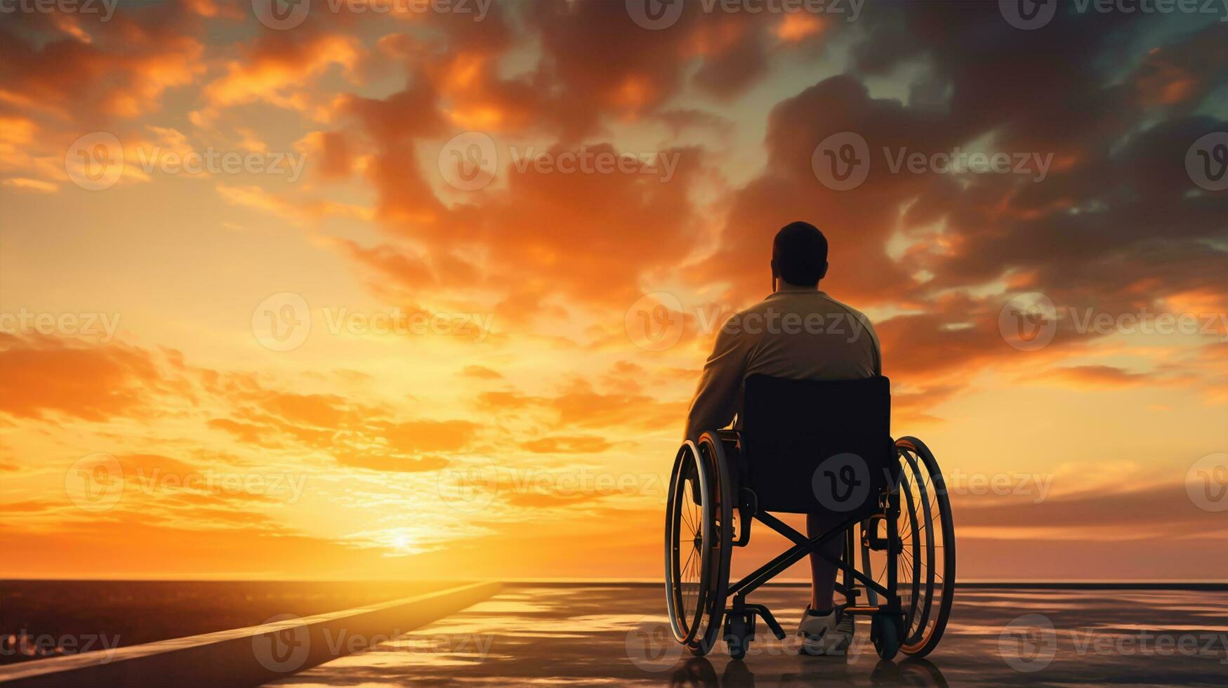 silhuett av Inaktiverad man på rullstol med solnedgång himmel bakgrund. foto