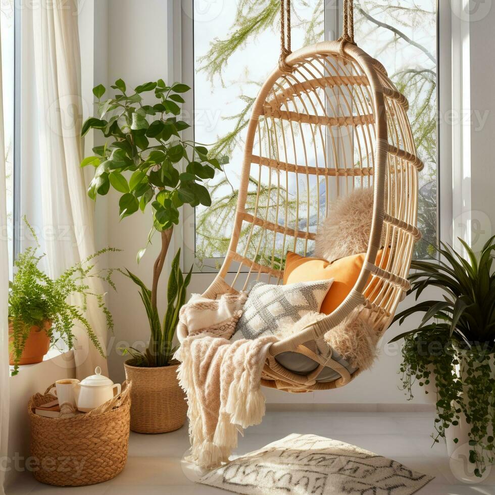 designer hängande stol nära tropisk krukväxter interiör design, ai generativ foto