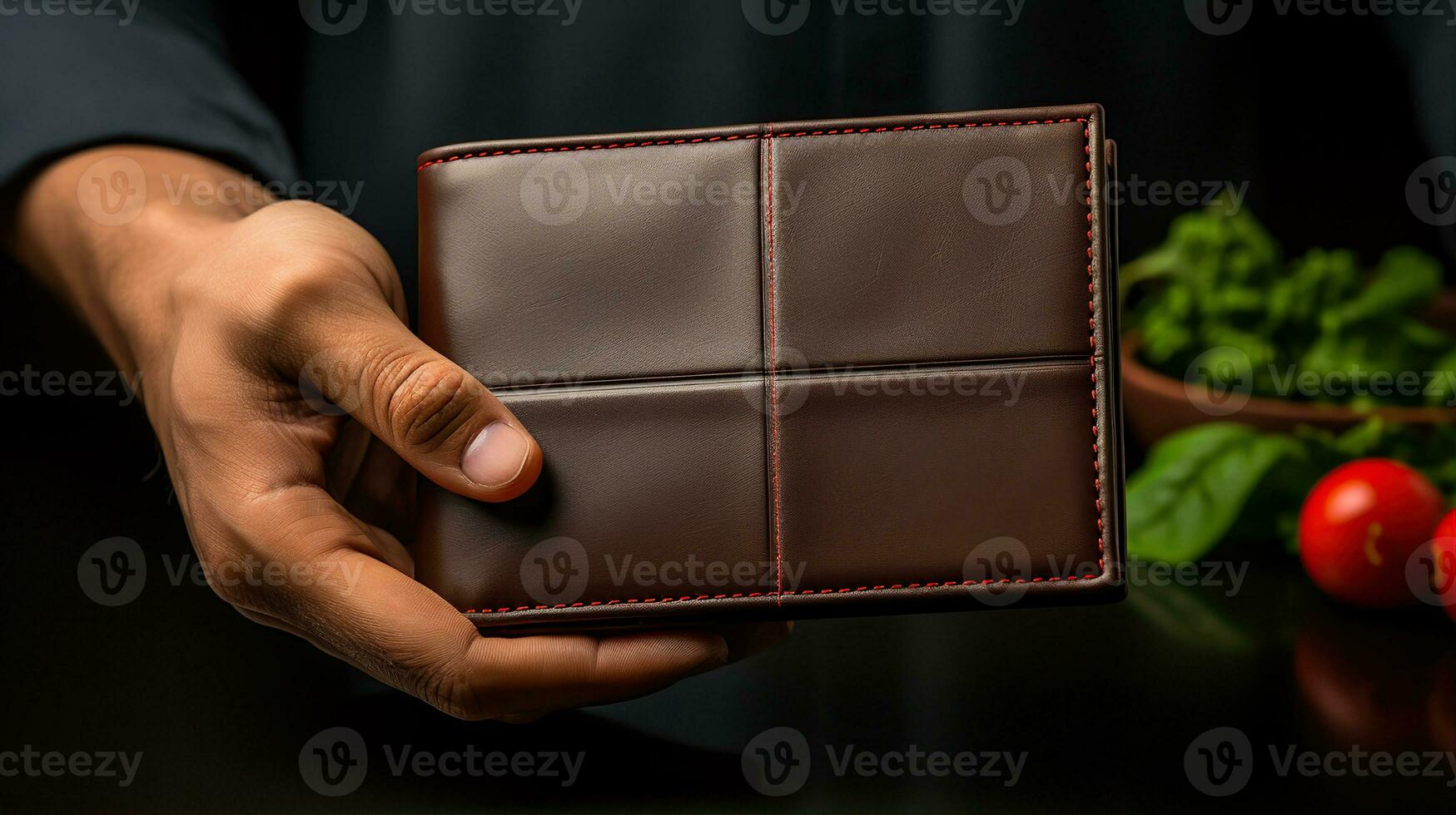 ai genererad herr- hand innehav läder plånbok. skapas med generativ ai foto