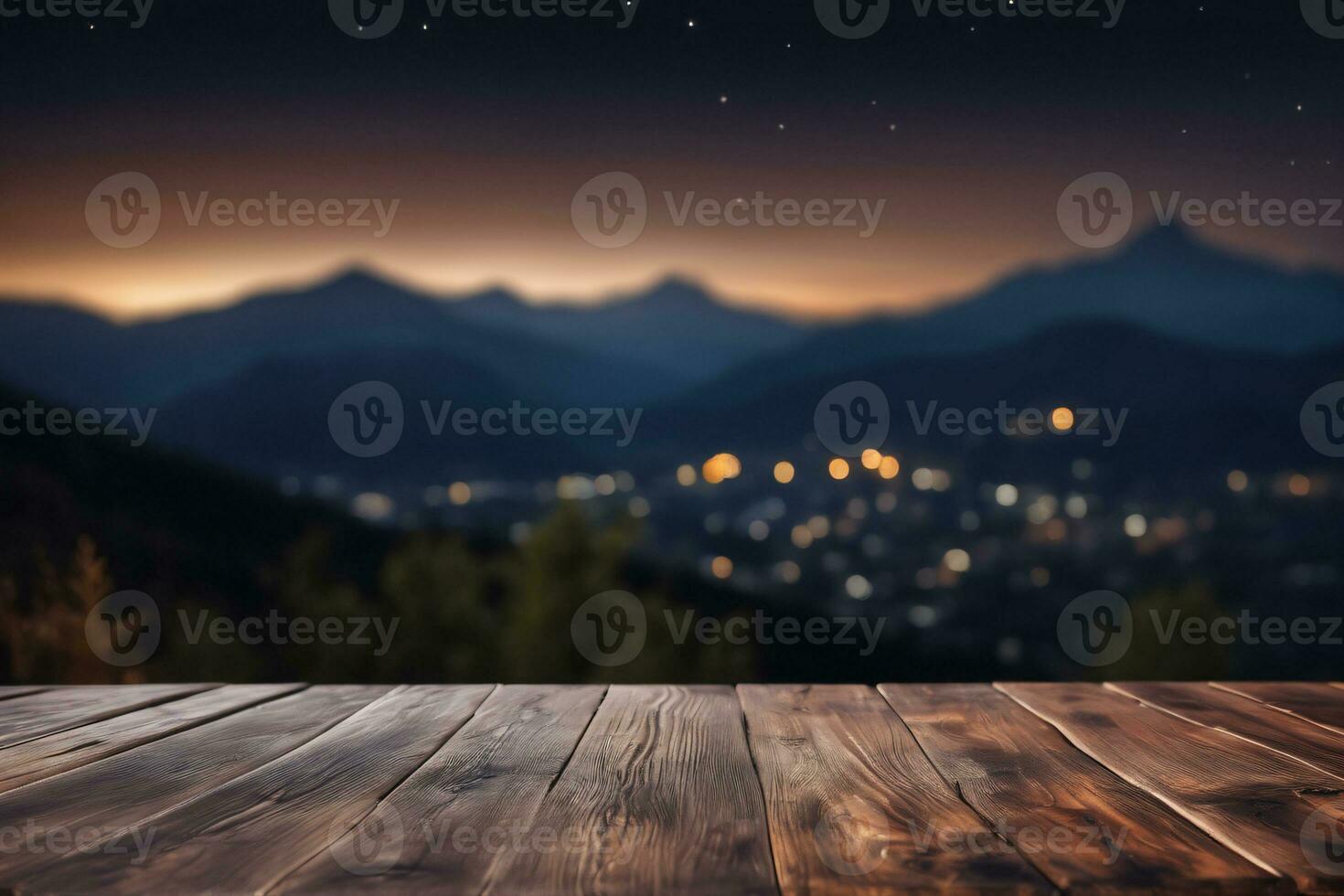 ai genererad tömma trä- tabell med bokeh stad lampor, suddig bergen topp, och kulle se landskap bakgrund på natt ai genererad foto