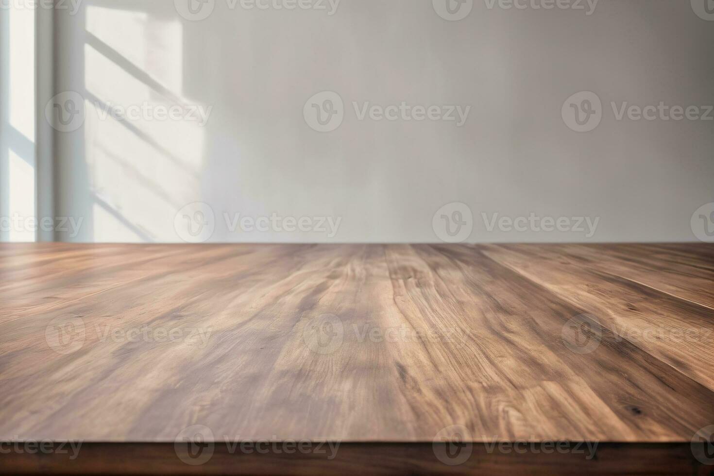 ai genererad tömma trä- tabell i en vagt belyst rum med bokeh och suddig bakgrund ai genererad foto