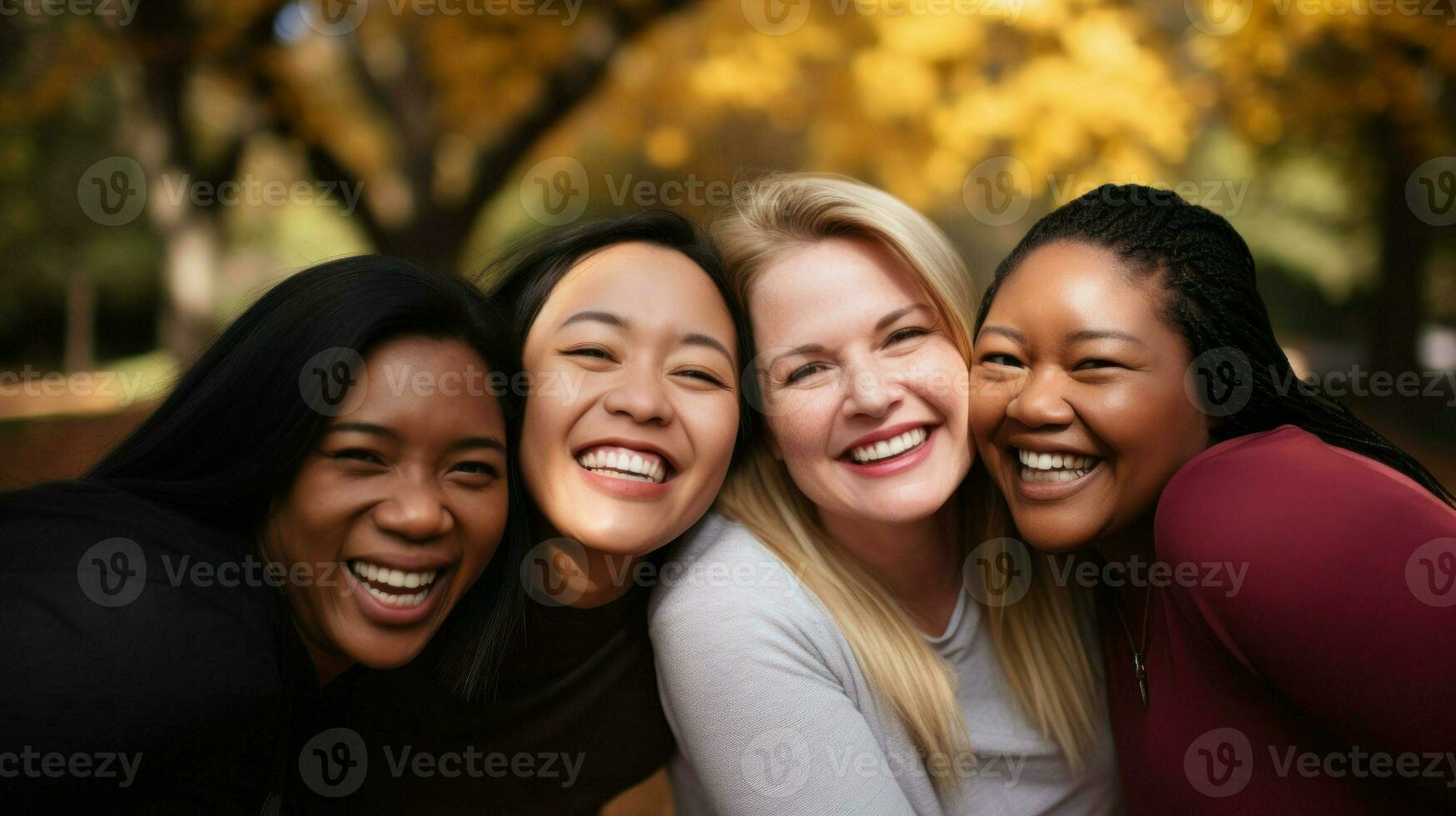 fyra kvinnor leende i de parkera.. generativ ai foto