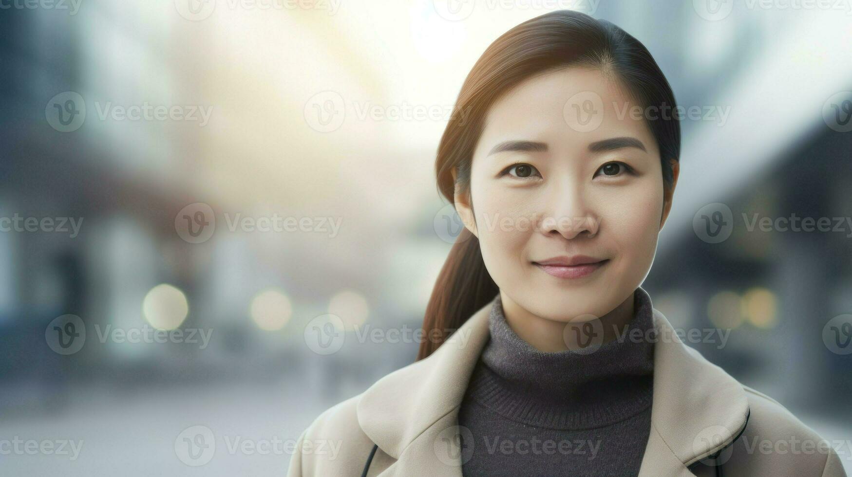 asiatisk affärskvinna på en gata med torg. generativ ai foto