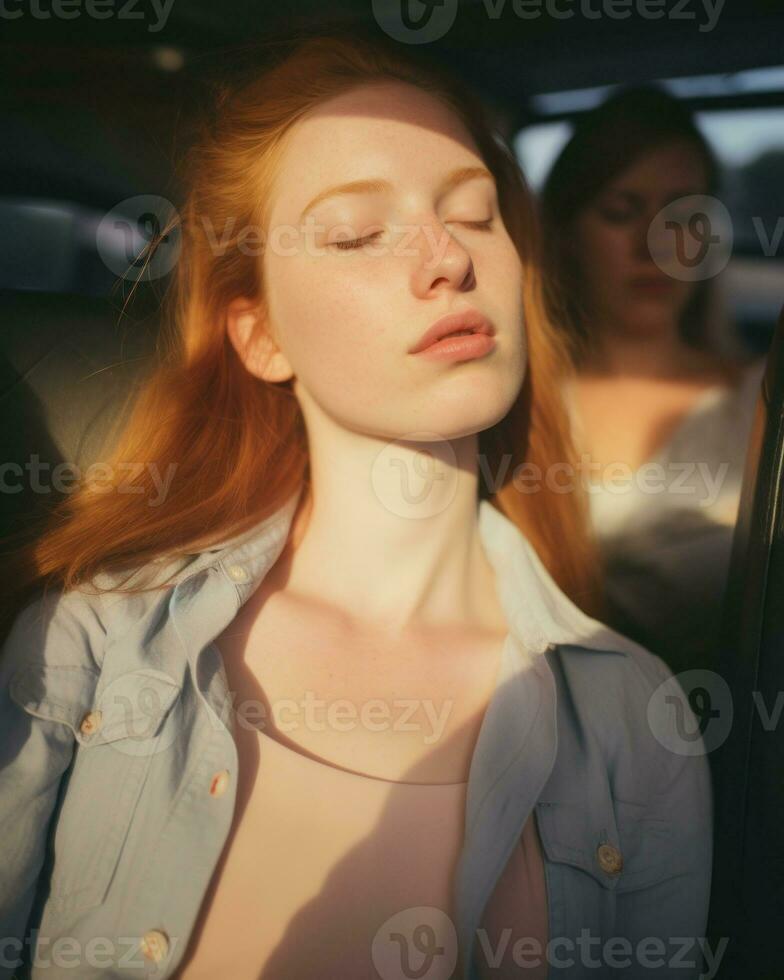 en fredlig slummer i de bilens bak- sittplats, en livlig-hårig lady vilar, fattande lugn.. generativ ai foto
