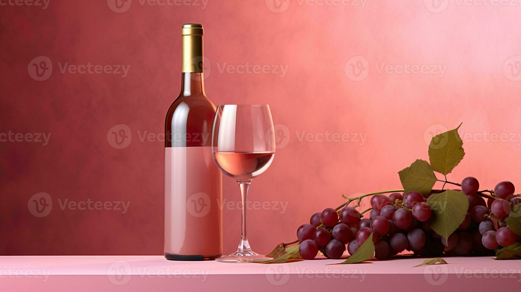 flaska av vin och vindruvor på en rosa bakgrund med druvor.generativ ai foto