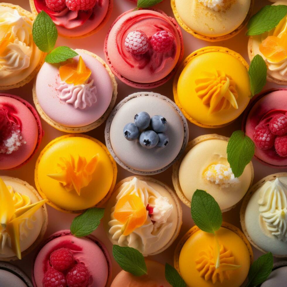 färgrik macarons på en vit bakgrund generativ ai foto