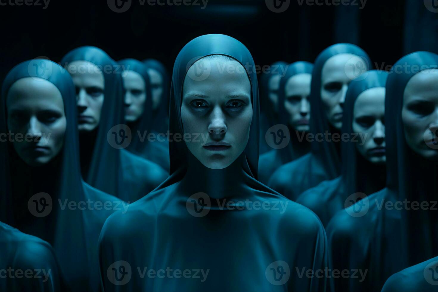 en grupp av kvinnor i svart klädnader stående i en mörk rum generativ ai foto
