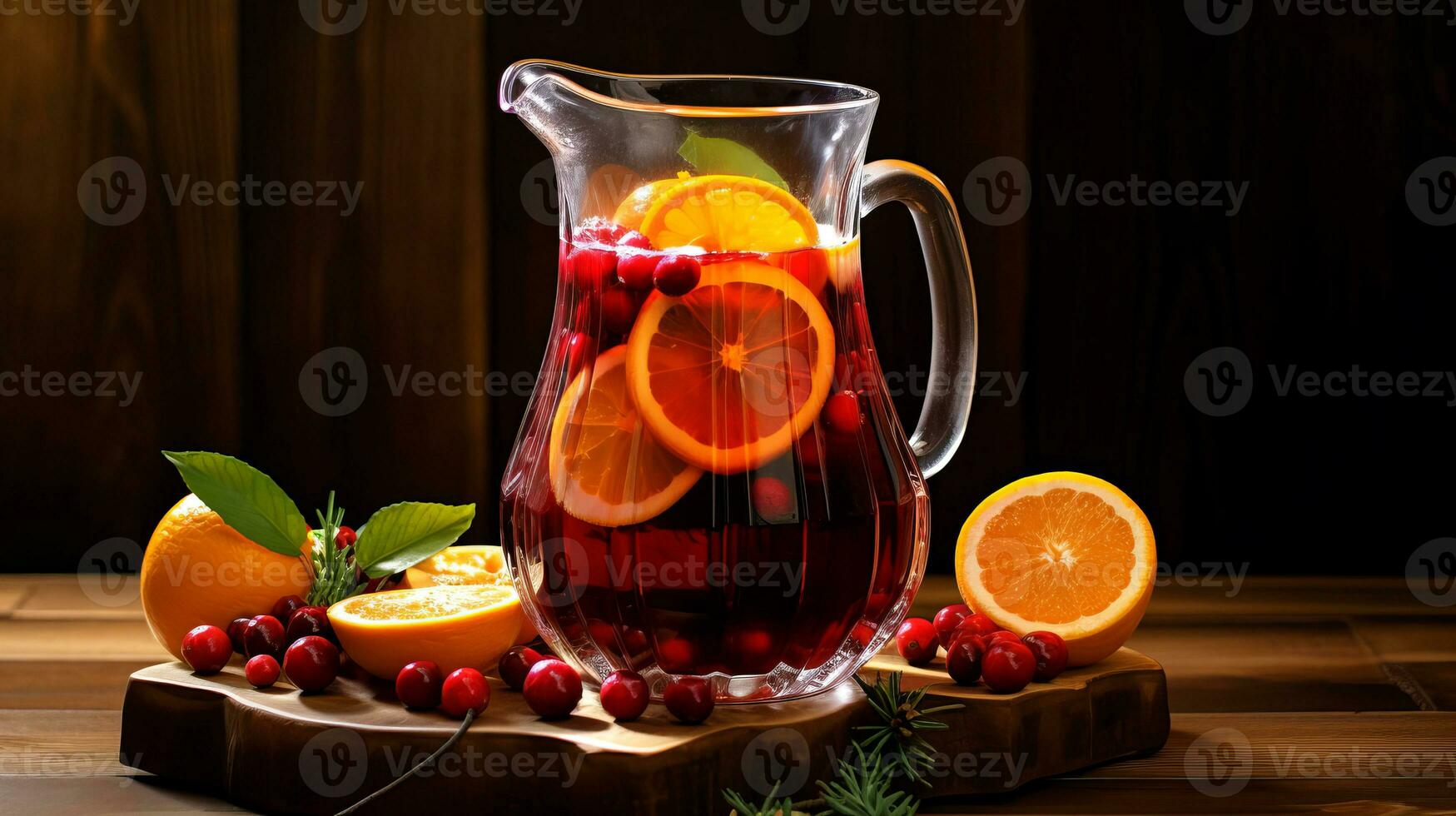 jul sangria i en glas kanna, med orange skivor och bär. ai genererad. foto