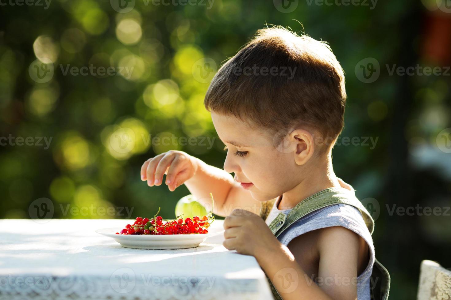 liten pojke som äter röda vinbär foto