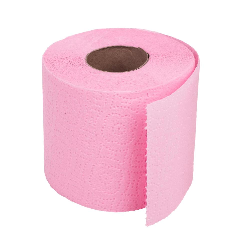 rulle med rosa toalettpapper på vit bakgrund foto
