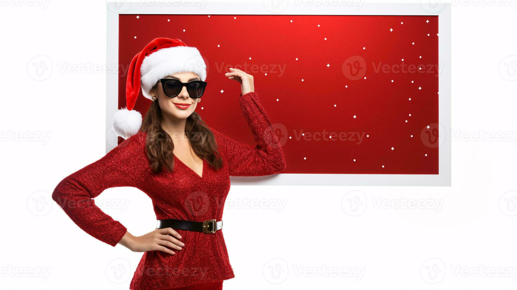 ai genererad kvinna modell i jul hatt, miljö innehav en tom tecken kopia Plats foto