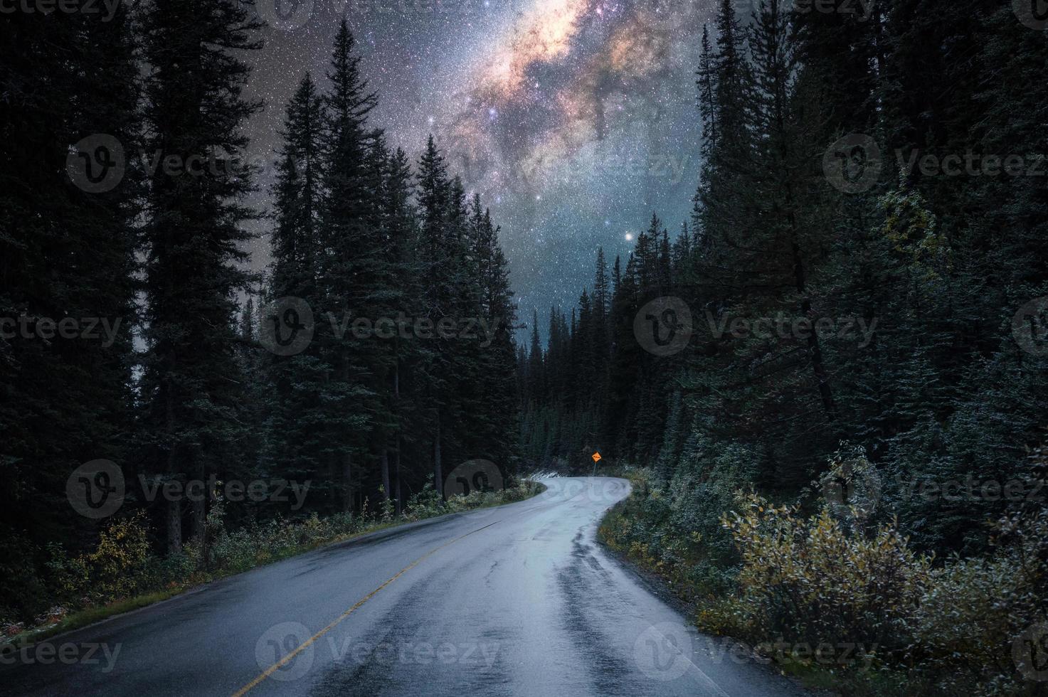Vintergatan med stjärnhimmel över motorväg i skogen vid nationalparken foto