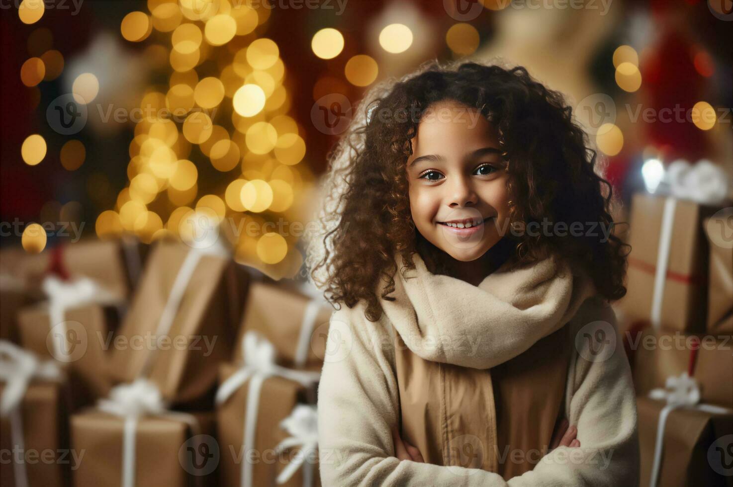 liten söt liten flicka nära gåva låda och jul lampor Bakom. Lycklig bebis ser framåt- till jul foto