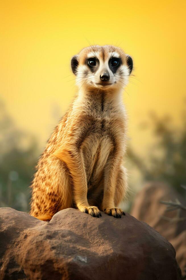 en meerkat Sammanträde på topp av en stor sten ai genererad foto