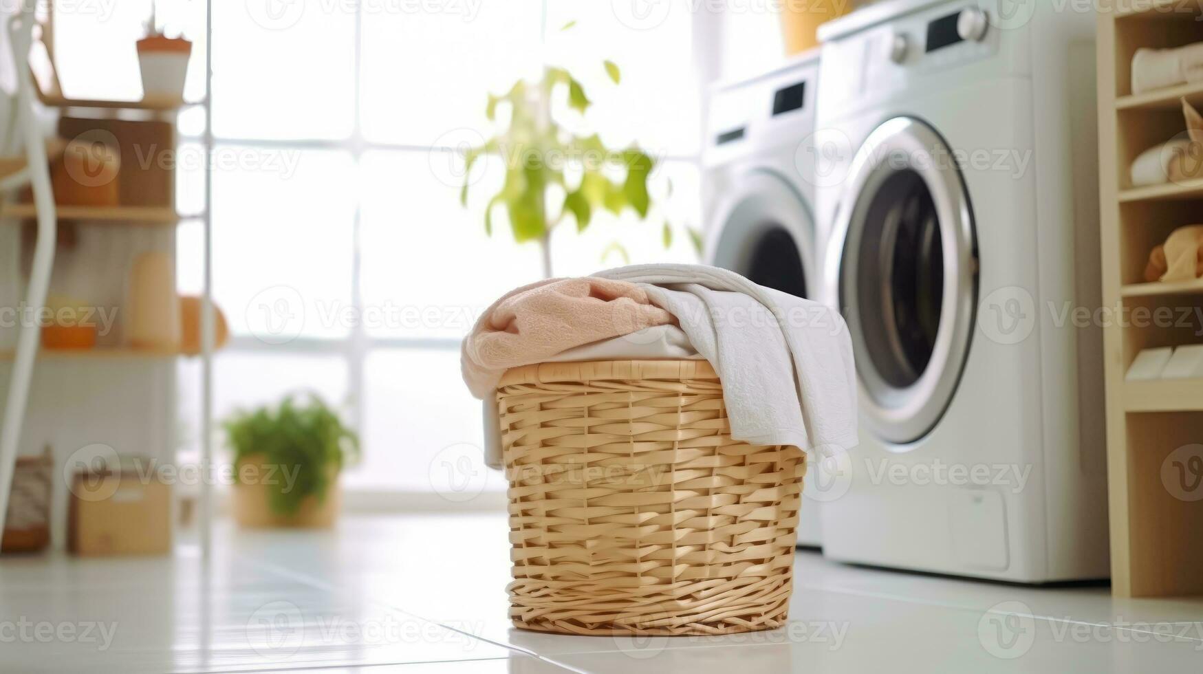 ai genererad hushåll sysslor - tvätt korg med smutsig kläder förbi de tvättning maskin - generativ ai foto