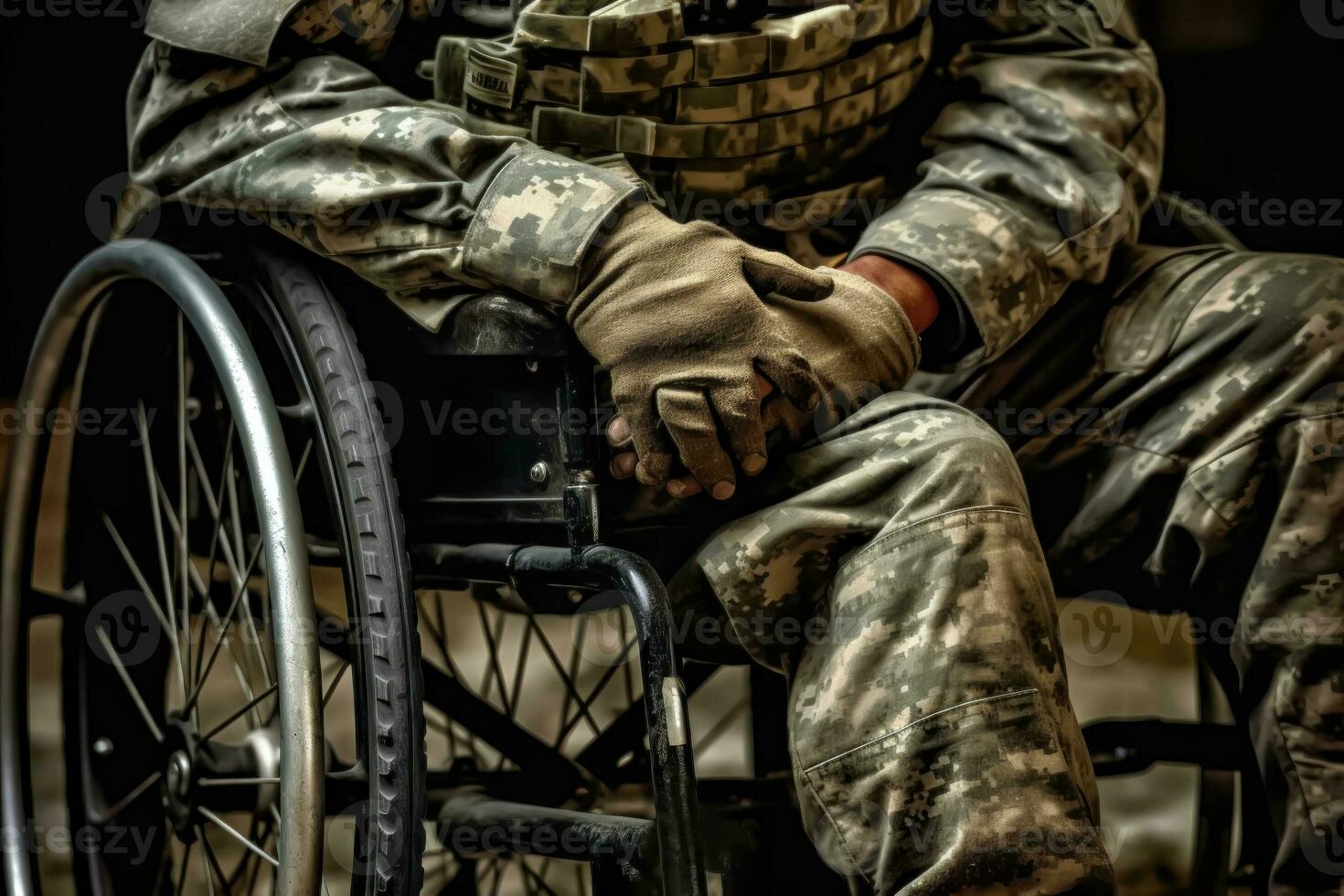 ai genererad styrka i motgång - soldat i rullstol bär enhetlig - generativ ai foto