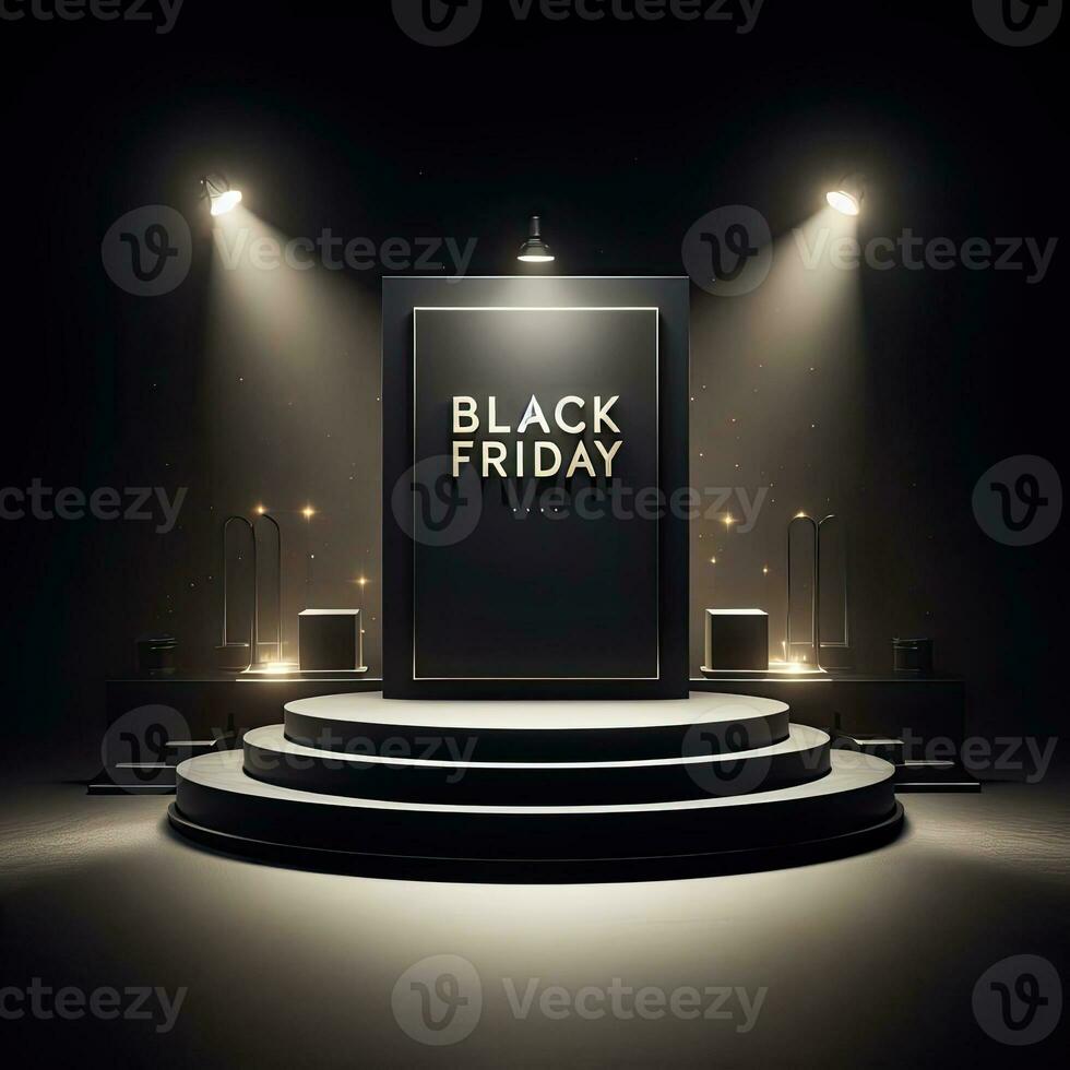 ai genererad svart fredag elegant och lyx podium, baner mall bakgrund foto