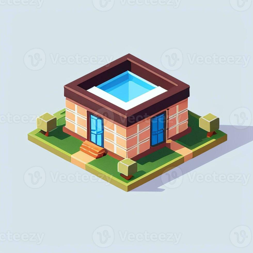 ai genererad isometrisk byggnad hus kommersiell klämma konst ikon klistermärke dekoration enkel bakgrund foto