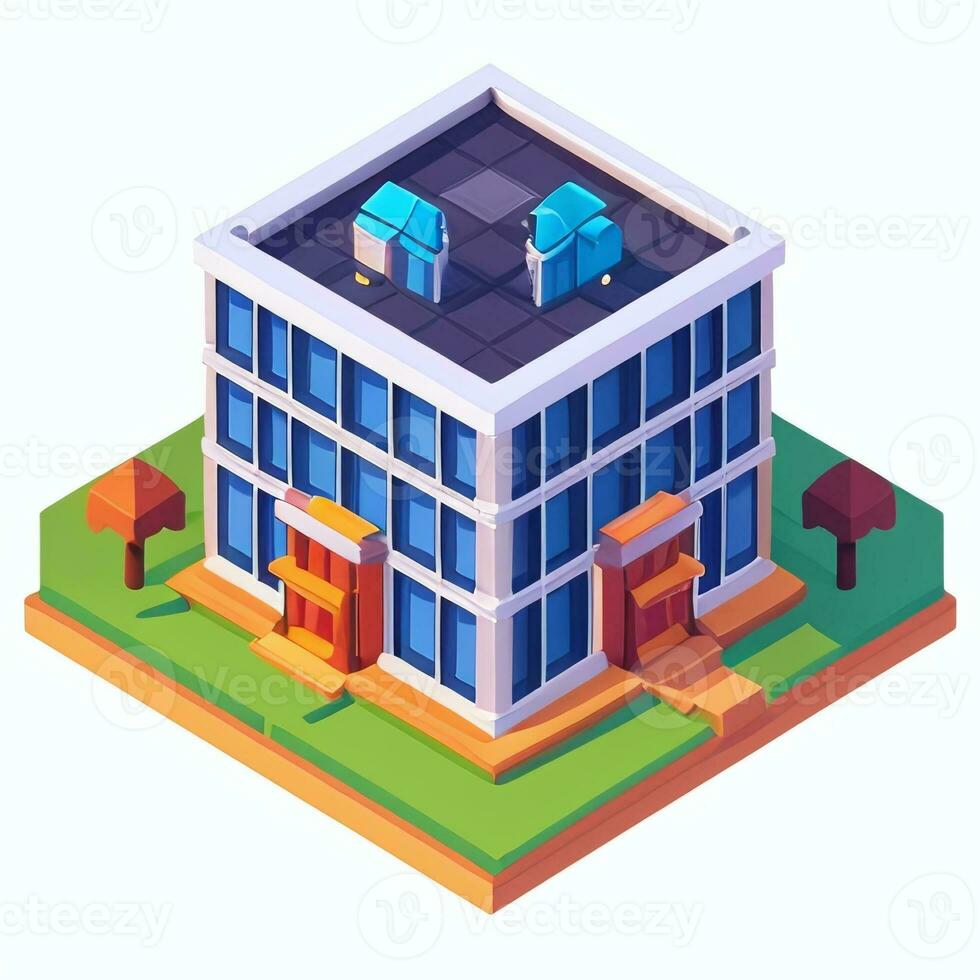 ai genererad isometrisk byggnad hus kommersiell klämma konst ikon klistermärke dekoration enkel bakgrund foto