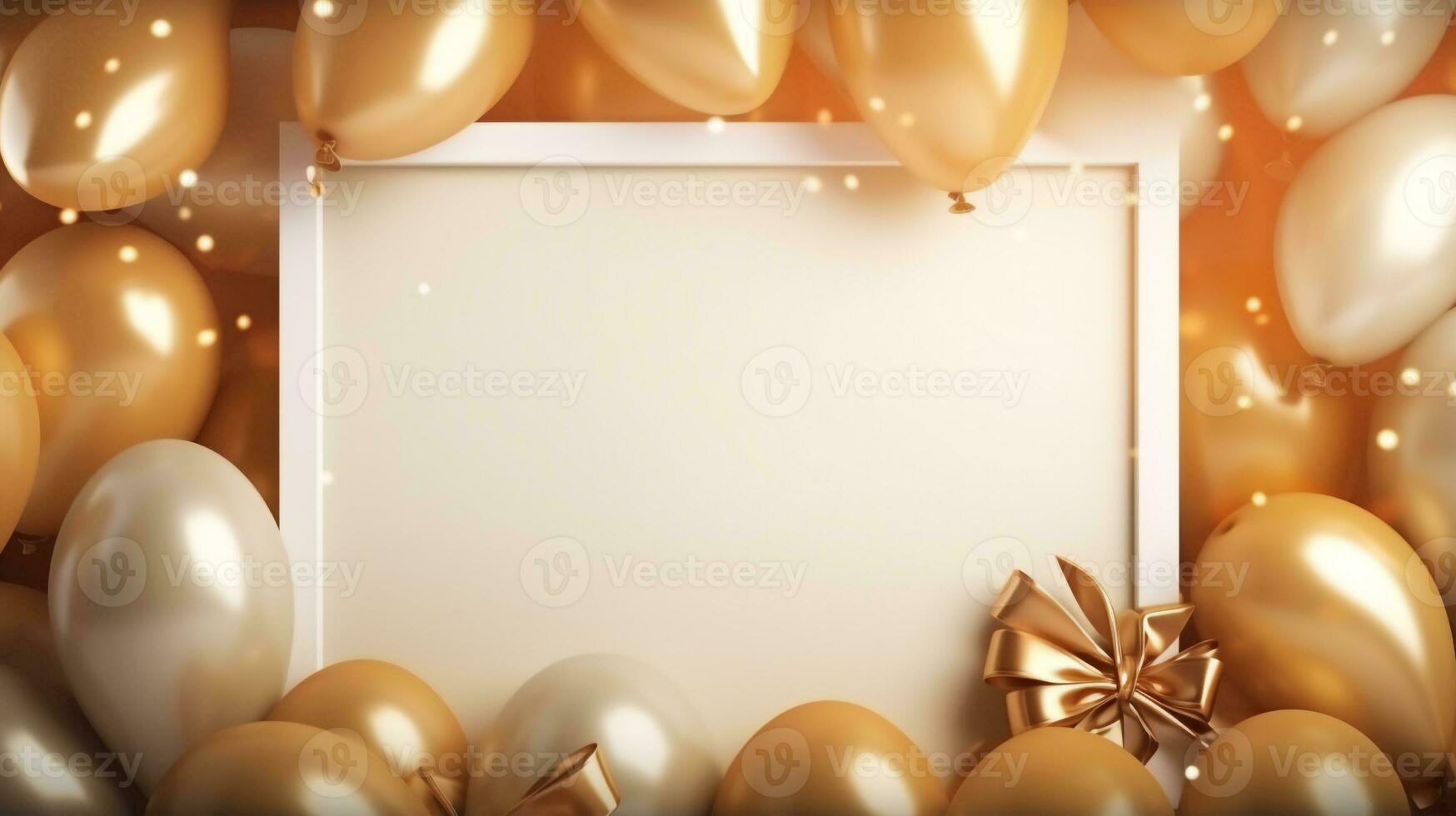 tömma ram med gyllene, vita ballonger och gyllene gåva låda ,med copy och plats för text foto