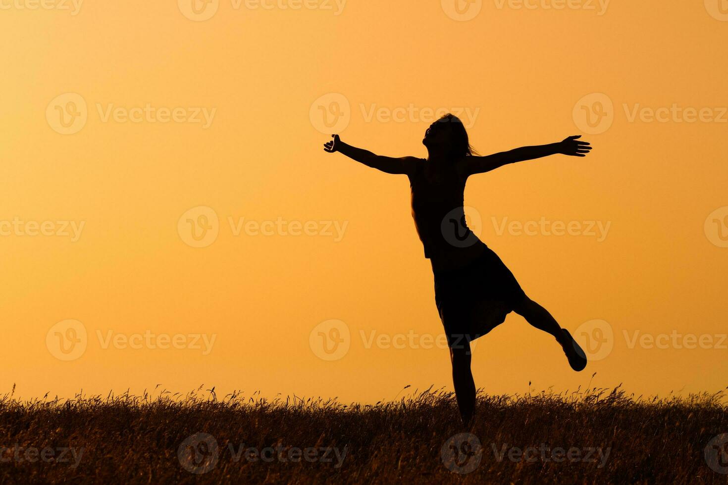 silhuett av Lycklig kvinna Hoppar i de natur foto
