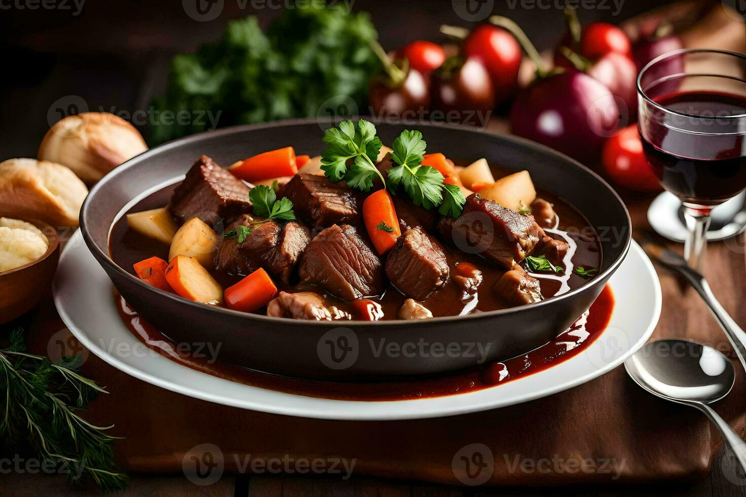 nötkött gryta med grönsaker och vin. ai-genererad foto