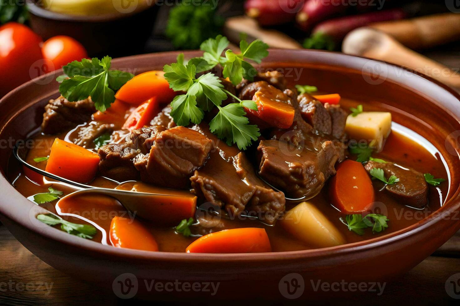 en skål av nötkött gryta med grönsaker och örter. ai-genererad foto