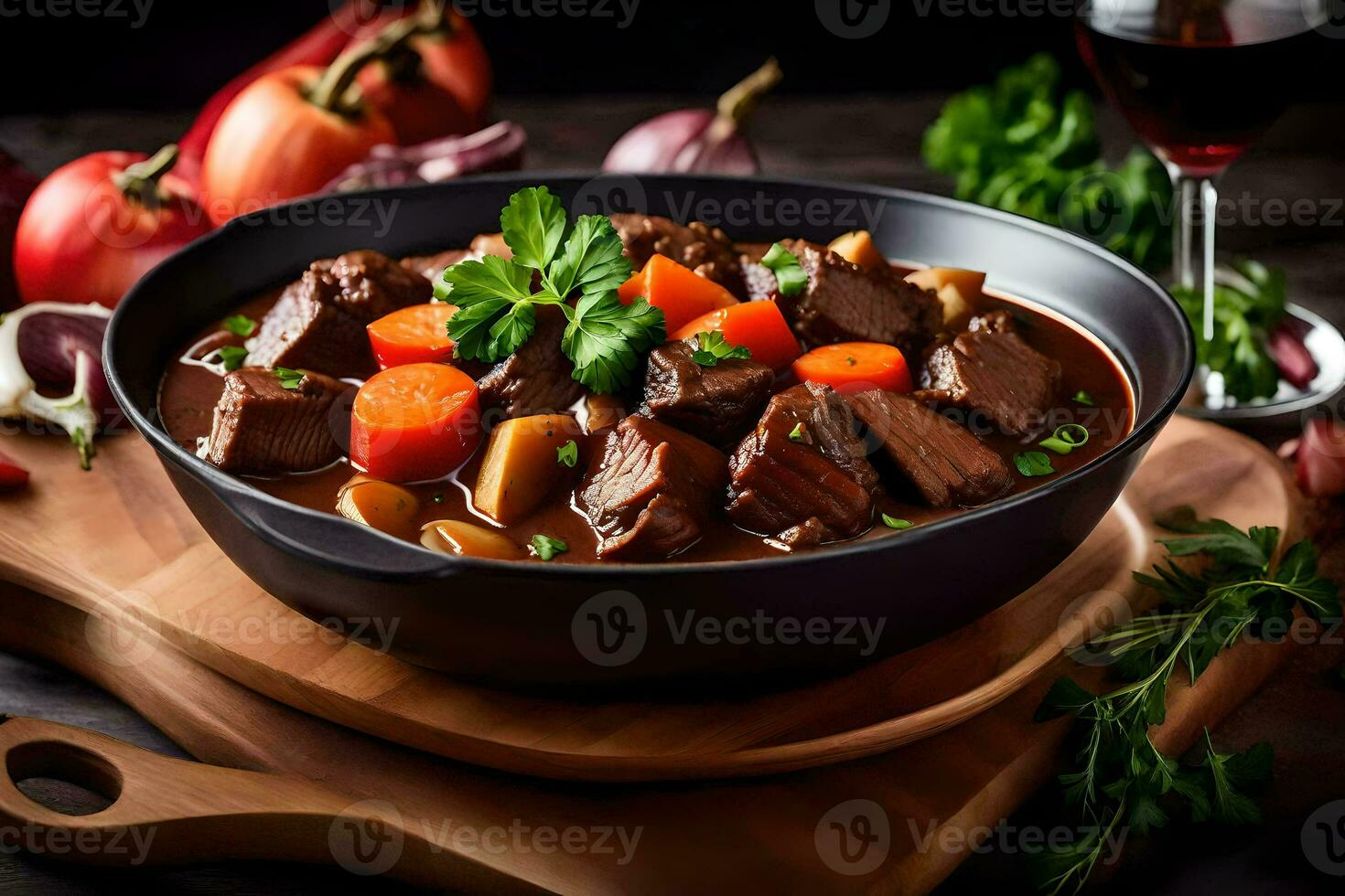 nötkött gryta i en svart skål med grönsaker och vin. ai-genererad foto