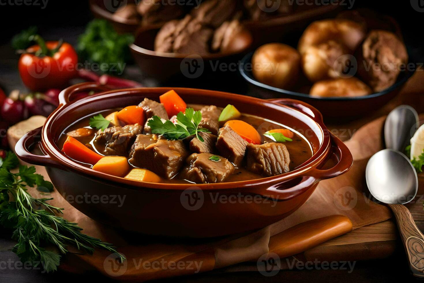 nötkött gryta i en brun skål med grönsaker och potatisar. ai-genererad foto